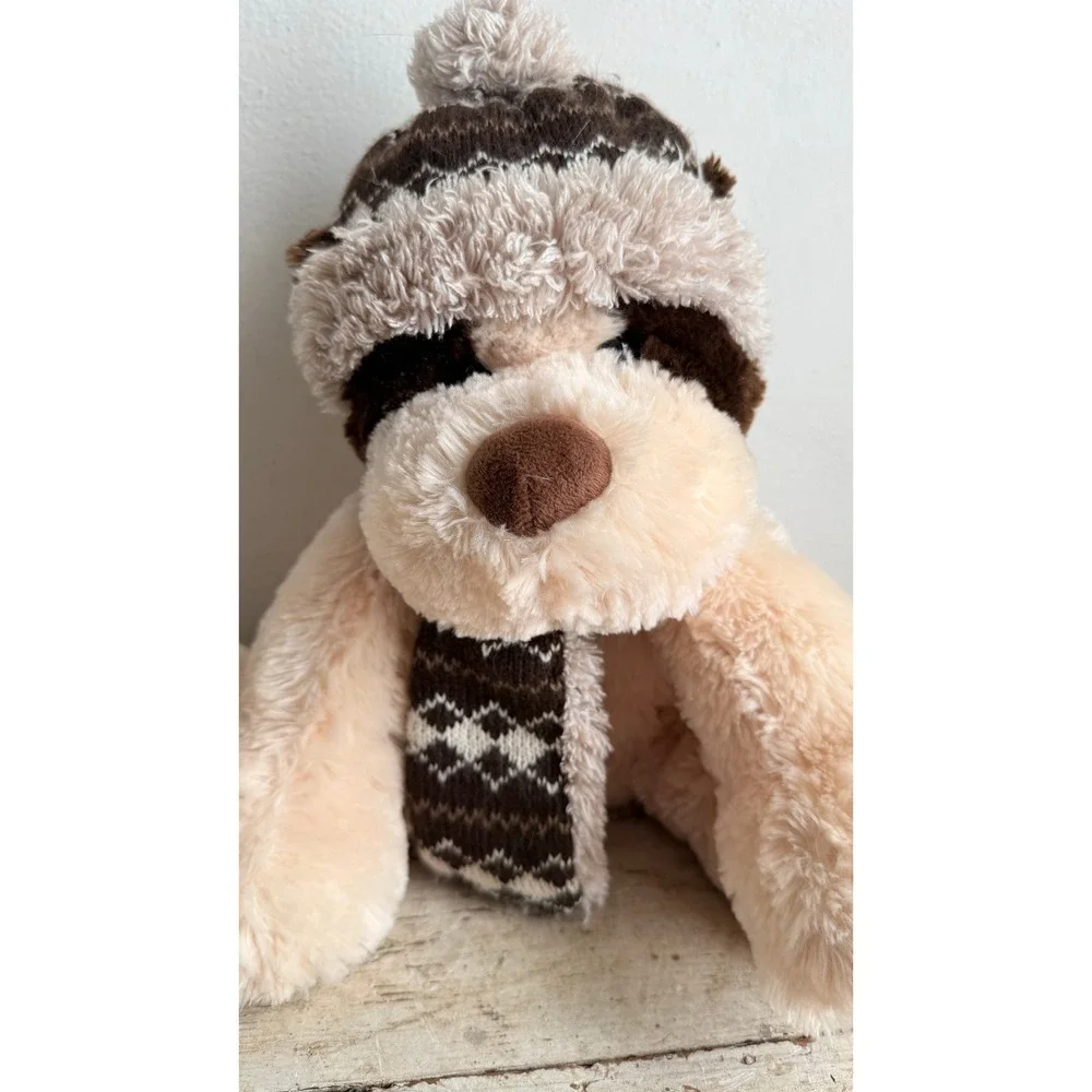 Hugfun International Winter Dog Plush Cream Brown Knit Hat Scarf Toy